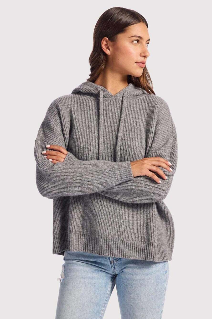 Nuuds Women L Ribbed Sweater Hoodie Pullover Cozy Soft Long Sleeve Gray Knit